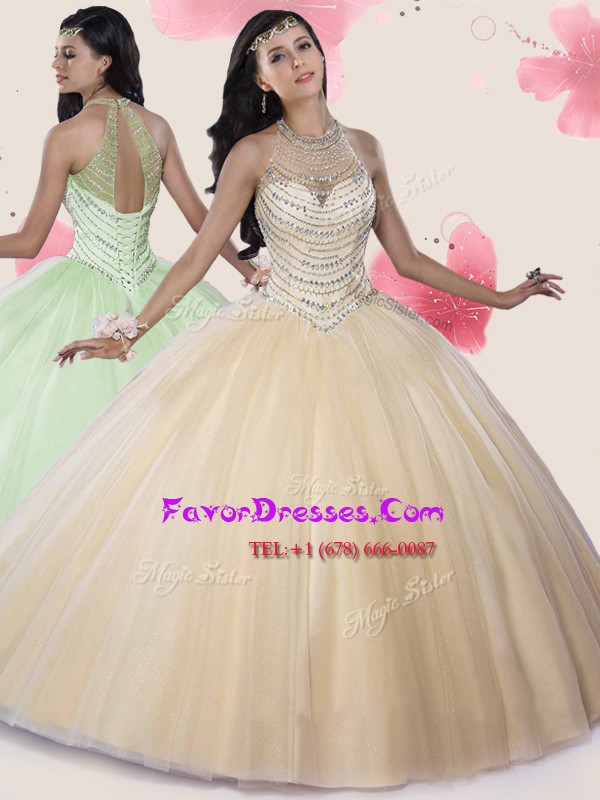 Affordable Halter Top Beading Ball Gown Prom Dress Champagne Lace Up Sleeveless Floor Length