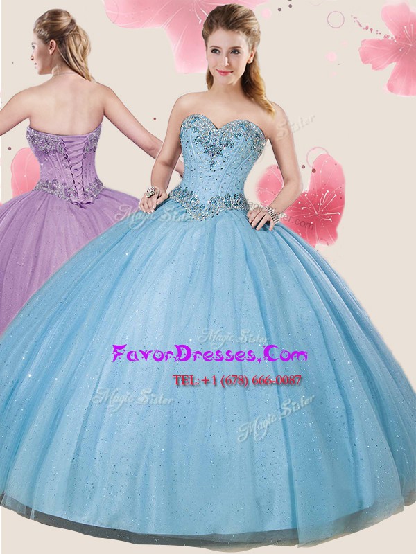  Light Blue Sleeveless Beading and Sequins Floor Length 15th Birthday Dress