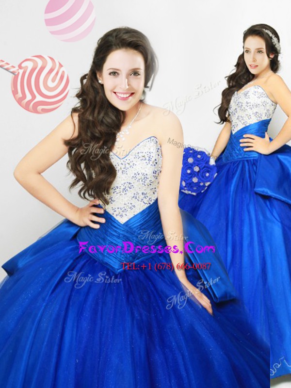 Modern Sleeveless Tulle Floor Length Lace Up Sweet 16 Quinceanera Dress in Royal Blue with Beading and Ruching and Bowknot
