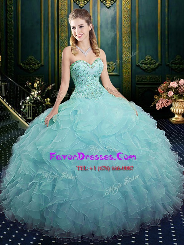 Great Sweetheart Sleeveless Sweet 16 Dresses Floor Length Beading and Ruffles Light Blue Organza