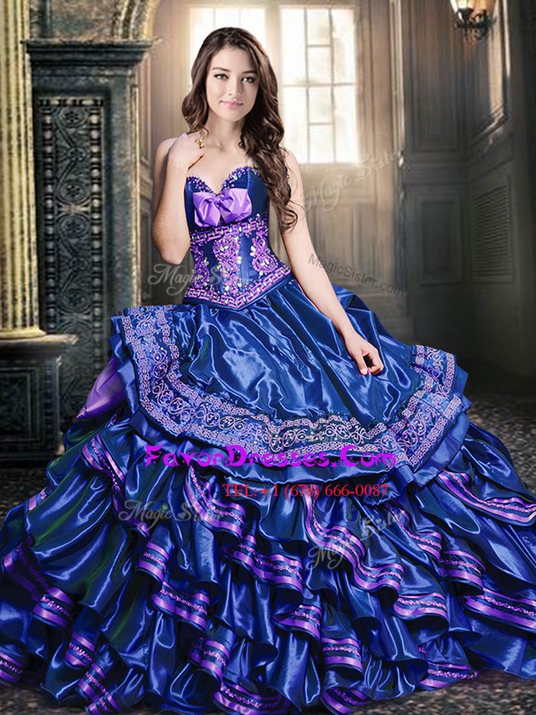  Royal Blue Taffeta Lace Up Quince Ball Gowns Sleeveless Floor Length Appliques and Ruffled Layers and Bowknot