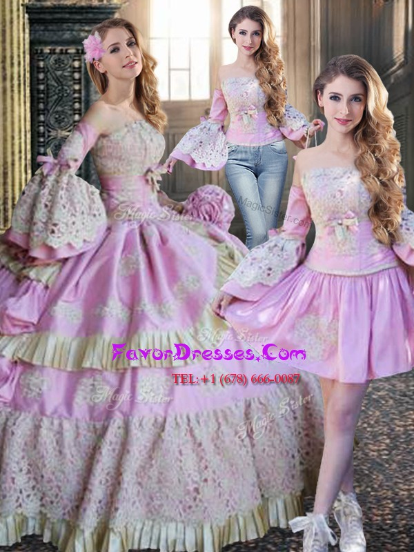Eye-catching Pink Long Sleeves Taffeta Lace Up 15th Birthday Dress for Military Ball and Sweet 16 and Quinceanera