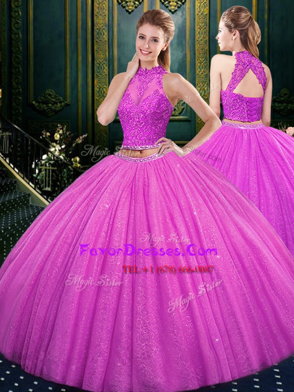 Edgy Fuchsia Sleeveless Lace and Appliques Floor Length Sweet 16 Quinceanera Dress