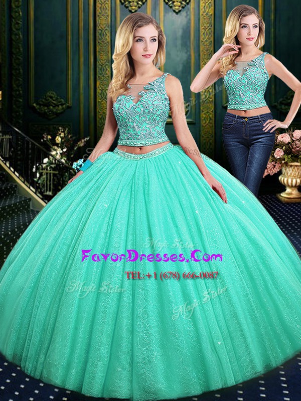 Top Selling Scoop Sleeveless Tulle Floor Length Lace Up Quinceanera Gown in Turquoise with Lace and Appliques