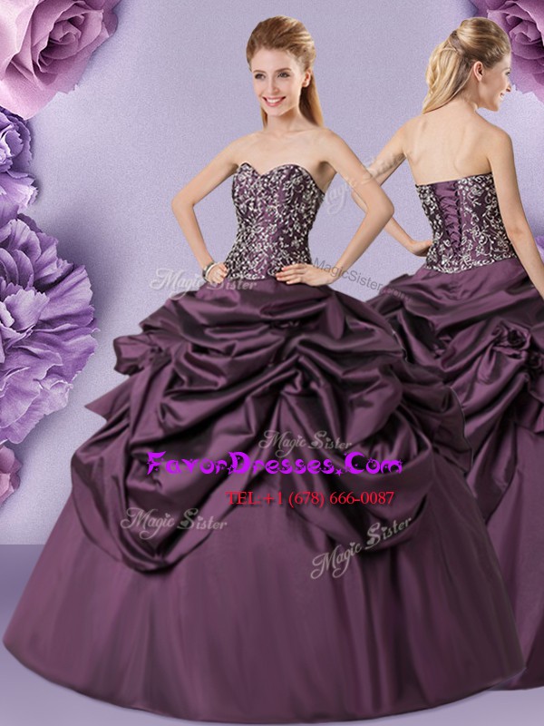 Romantic Pick Ups Purple Sleeveless Taffeta Lace Up Quinceanera Gowns for Military Ball and Sweet 16 and Quinceanera