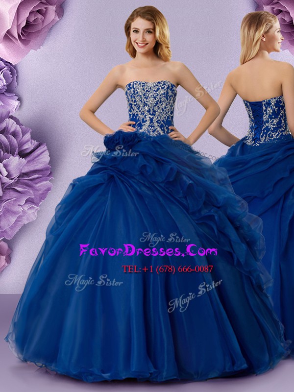 Glorious Royal Blue Lace Up Strapless Beading and Ruffles and Hand Made Flower Quinceanera Gowns Organza Sleeveless