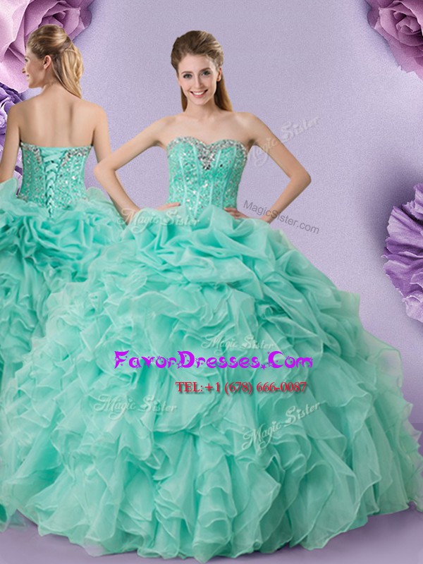 Romantic Apple Green Sweetheart Lace Up Beading and Ruffles and Pick Ups 15th Birthday Dress Sleeveless