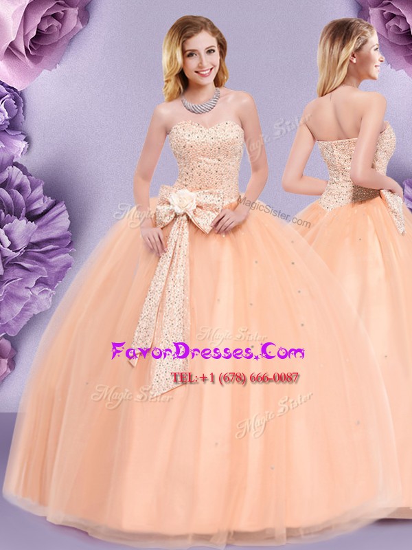 Superior Sleeveless Floor Length Beading and Bowknot Zipper Sweet 16 Dress with Peach