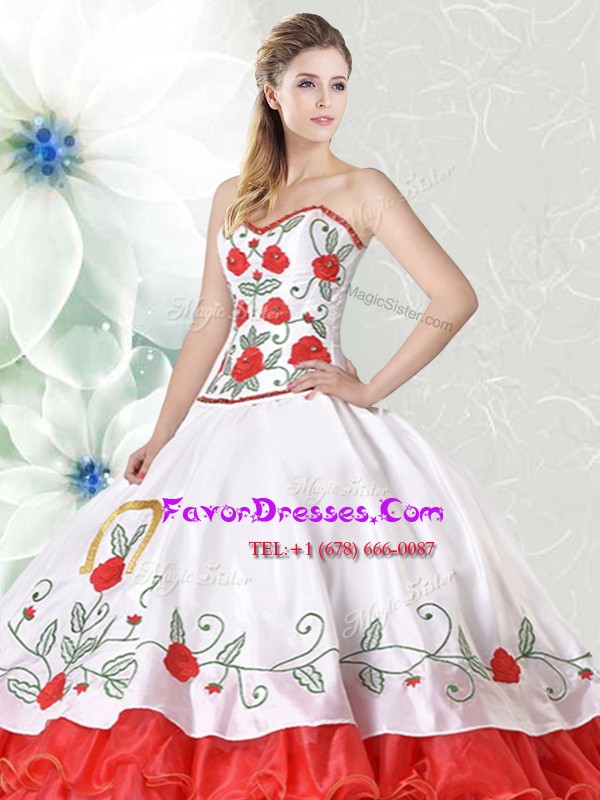 Shining Sleeveless Organza and Taffeta Floor Length Lace Up Quinceanera Dresses in White and Red with Embroidery and Ruffled Layers