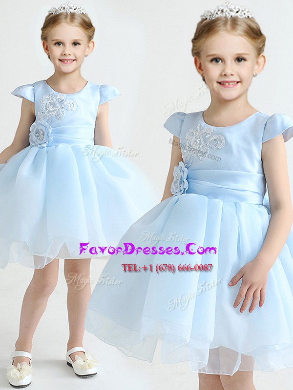 Classical Light Blue Scoop Neckline Appliques and Bowknot and Hand Made Flower Flower Girl Dress Cap Sleeves Zipper