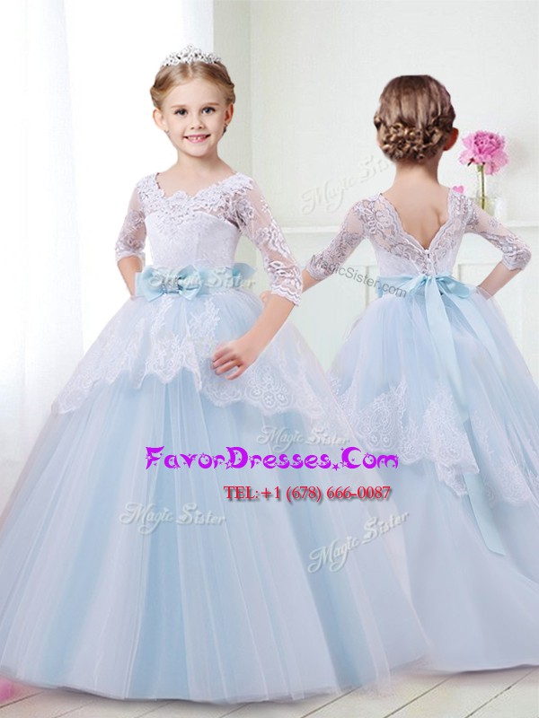  Light Blue Scoop Lace Up Lace and Bowknot Flower Girl Dresses Brush Train Half Sleeves