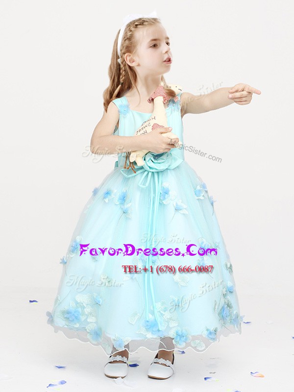 Spectacular Light Blue Toddler Flower Girl Dress Party and Quinceanera and Wedding Party and For with Appliques and Bowknot and Hand Made Flower Straps Sleeveless Zipper