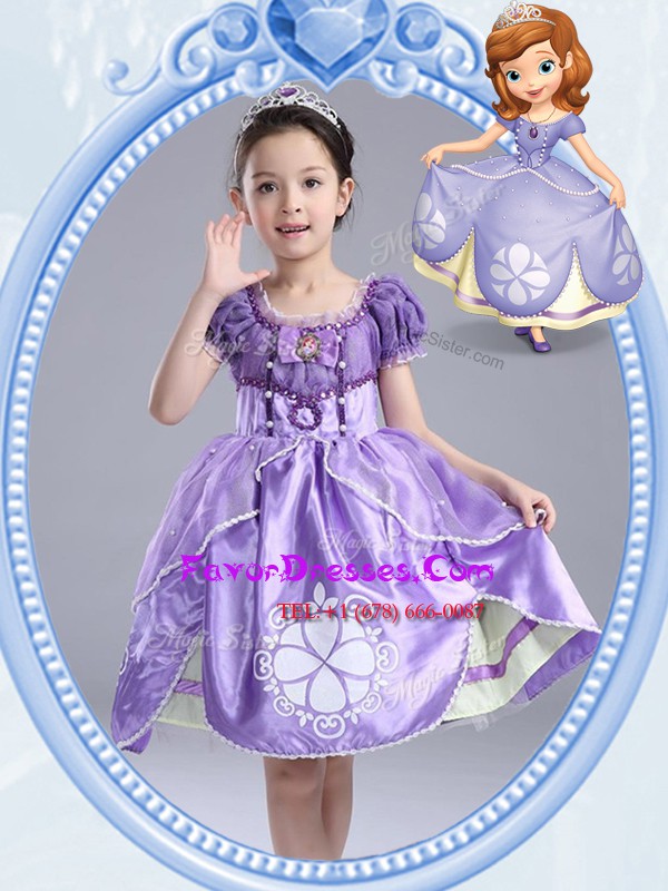 Free and Easy Lavender Taffeta Side Zipper Scoop Short Sleeves Knee Length Flower Girl Dresses Beading and Pattern and Bowknot