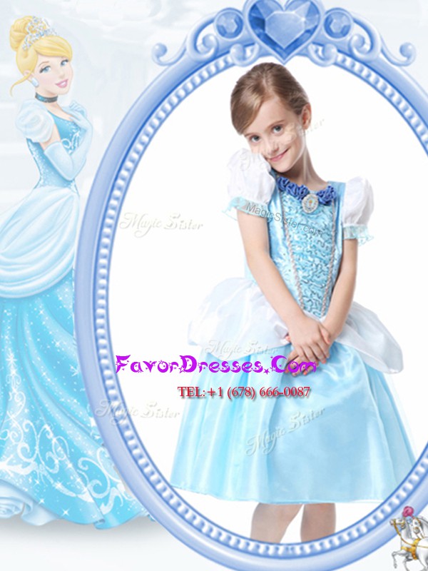 Pretty White and Blue Scoop Clasp Handle Beading Flower Girl Dresses Short Sleeves
