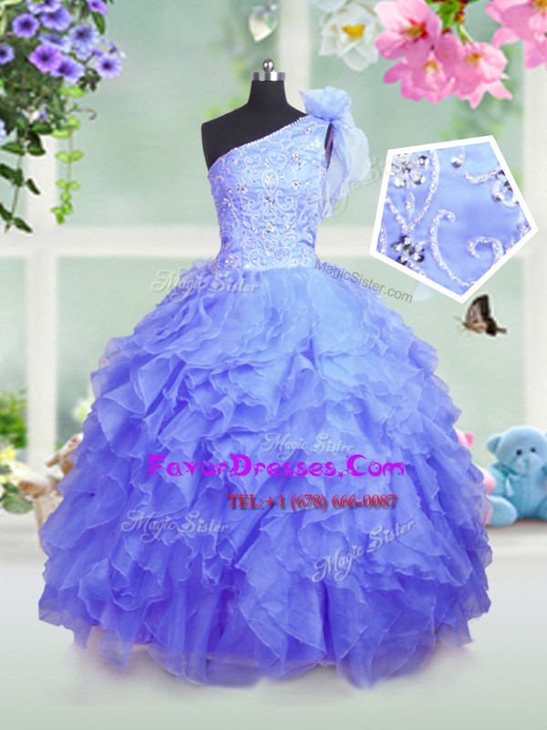  Blue Organza Lace Up One Shoulder Sleeveless Floor Length Pageant Dress for Girls Beading and Ruffles