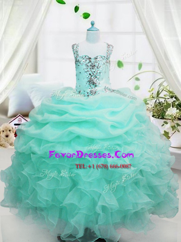  Sleeveless Organza Floor Length Lace Up Pageant Dress Wholesale in Baby Blue with Beading and Ruffles and Pick Ups