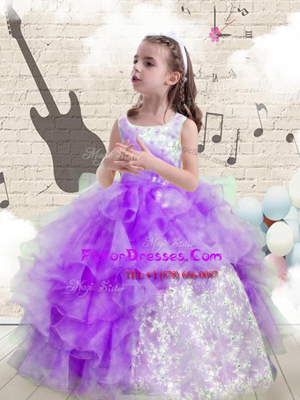 Amazing Eggplant Purple Ball Gowns Scoop Sleeveless Organza Floor Length Lace Up Beading and Ruffled Layers Little Girls Pageant Dress Wholesale