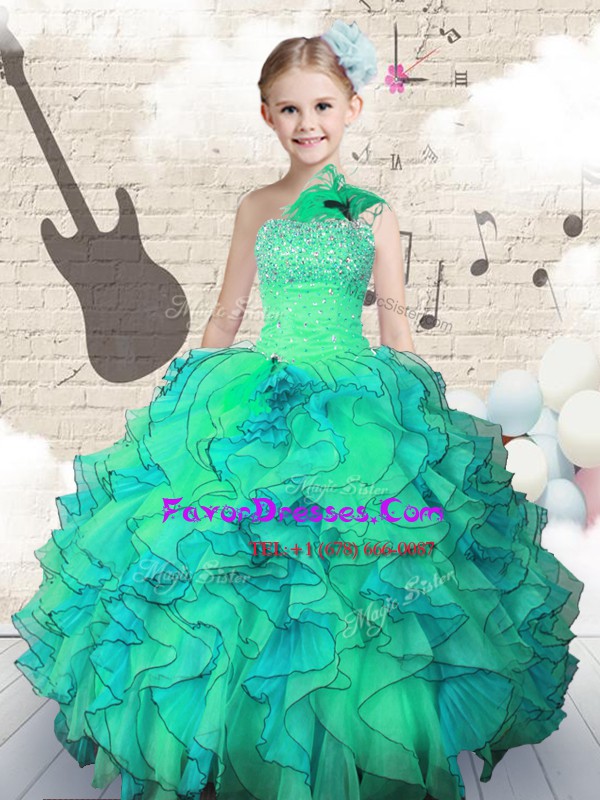 Eye-catching Turquoise One Shoulder Lace Up Beading and Ruffles Kids Pageant Dress Sleeveless