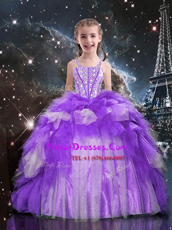 Sophisticated Sleeveless Floor Length Beading and Ruffles Lace Up Pageant Gowns For Girls with Purple