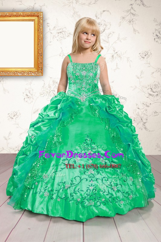  Satin Sleeveless Floor Length Little Girls Pageant Dress Wholesale and Beading and Appliques and Pick Ups