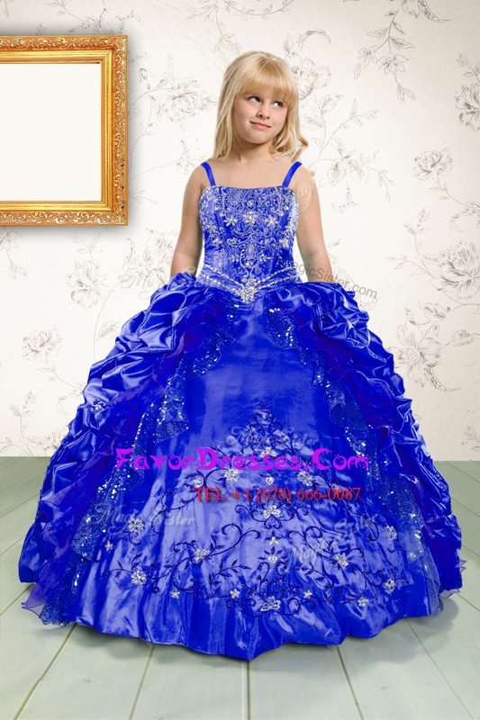 Inexpensive Sleeveless Satin Floor Length Lace Up Pageant Dress in Royal Blue with Beading and Appliques and Pick Ups