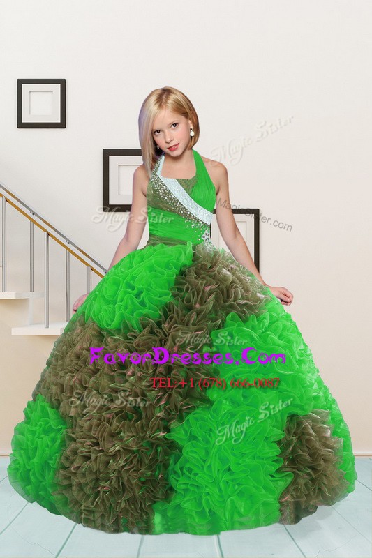 Cute Halter Top Floor Length Ball Gowns Sleeveless Apple Green and Chocolate Pageant Dress for Girls Lace Up