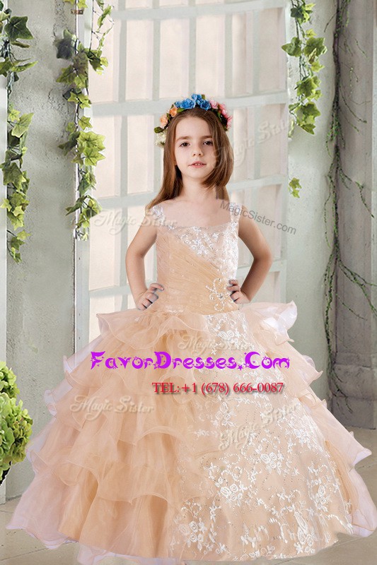 Perfect Floor Length Champagne Glitz Pageant Dress Organza Sleeveless Lace and Ruffled Layers