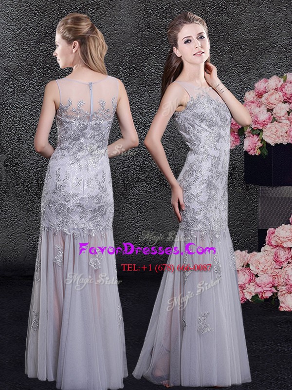  Scoop Floor Length Grey Dress for Prom Tulle Sleeveless Lace and Appliques