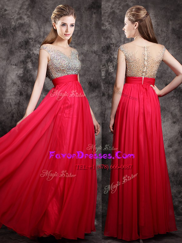 Classical Coral Red Cap Sleeves Chiffon Zipper Evening Dress for Prom