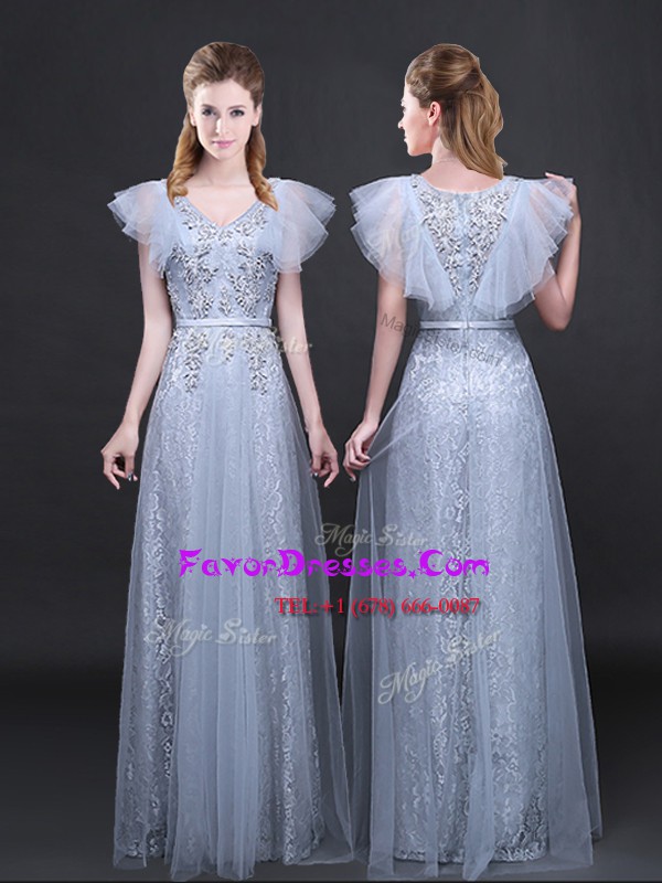  Lace Grey Short Sleeves Appliques and Belt Floor Length Prom Evening Gown