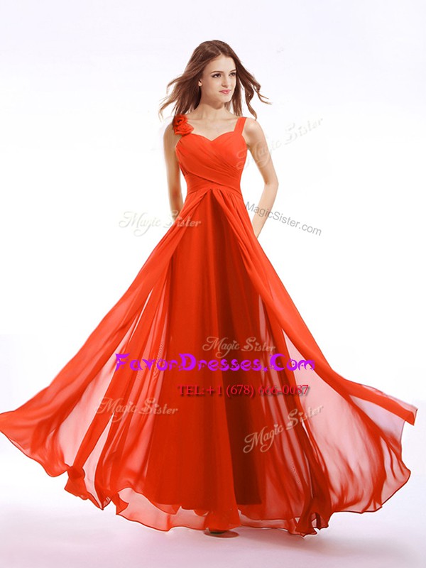 Hot Sale Straps Sleeveless Chiffon Floor Length Zipper in Orange Red with Hand Made Flower