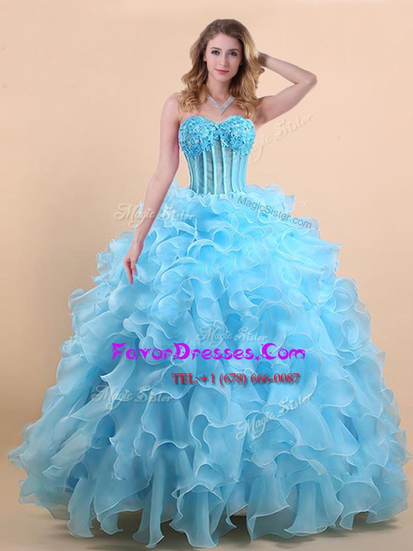 Eye-catching Light Blue A-line Appliques and Ruffles Quinceanera Dress Lace Up Organza Sleeveless Floor Length