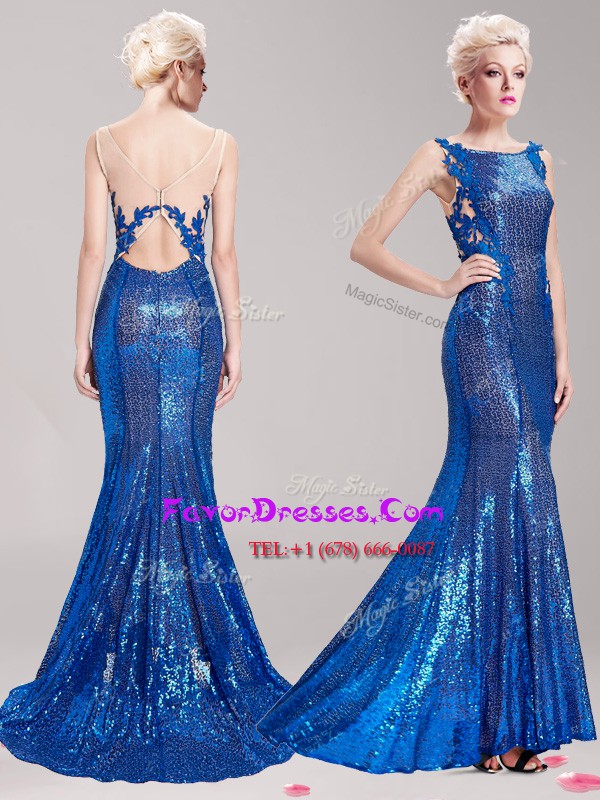  Mermaid Clasp Handle Square Sleeveless Prom Party Dress With Brush Train Appliques and Sequins Blue Sequined