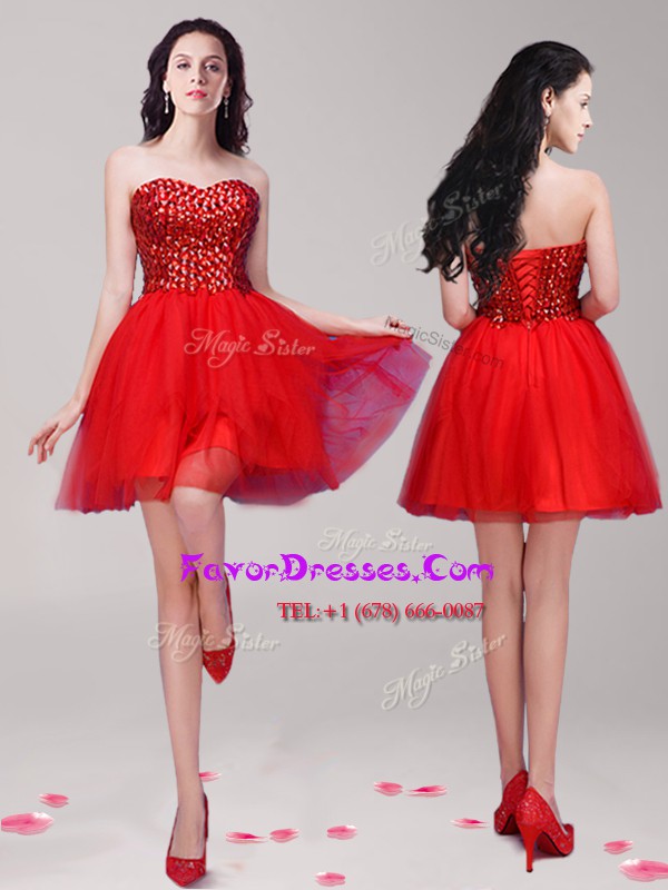 Superior Red Sleeveless Mini Length Beading Lace Up Dress for Prom