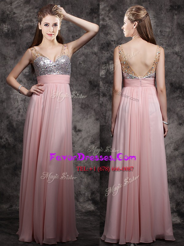  Baby Pink Empire Chiffon V-neck Sleeveless Beading and Sequins Floor Length Zipper Prom Dress