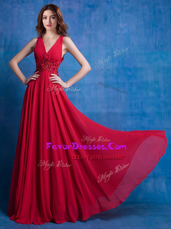 Beauteous Red Empire Appliques Prom Dress Backless Chiffon Sleeveless Floor Length