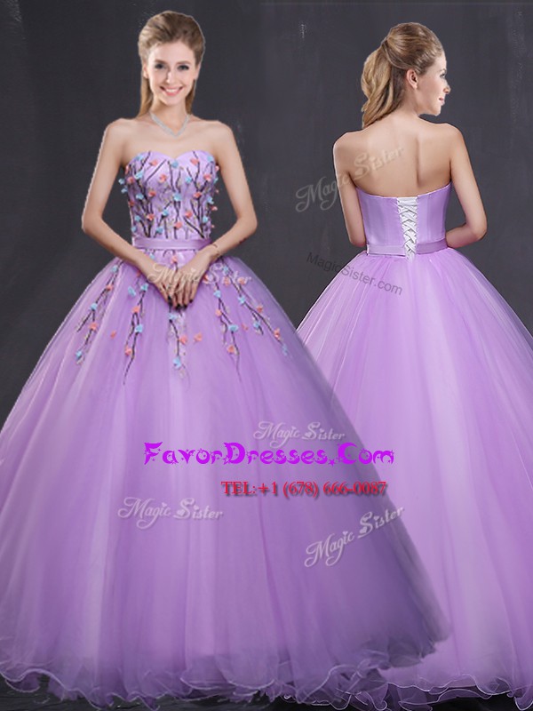 Custom Designed Lavender Sleeveless Appliques Floor Length Sweet 16 Dress