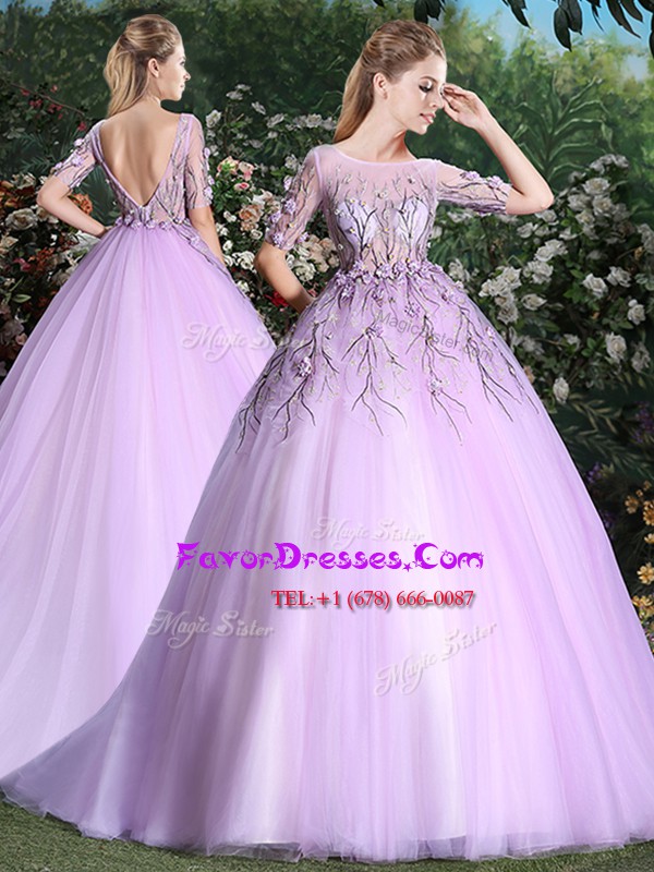 Fashionable Lilac Scoop Backless Appliques Quinceanera Gown Brush Train Short Sleeves