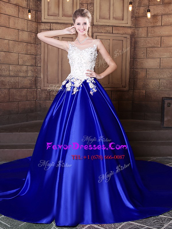  With Train Royal Blue 15 Quinceanera Dress Scoop Sleeveless Court Train Lace Up