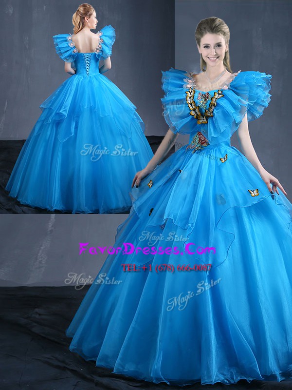  Floor Length Baby Blue Ball Gown Prom Dress Sweetheart Sleeveless Lace Up