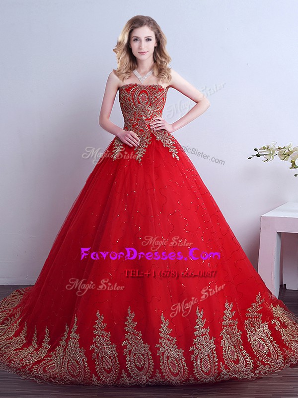 Great Sequins Red Sleeveless Tulle Court Train Lace Up 15th Birthday Dress for Military Ball and Sweet 16 and Quinceanera
