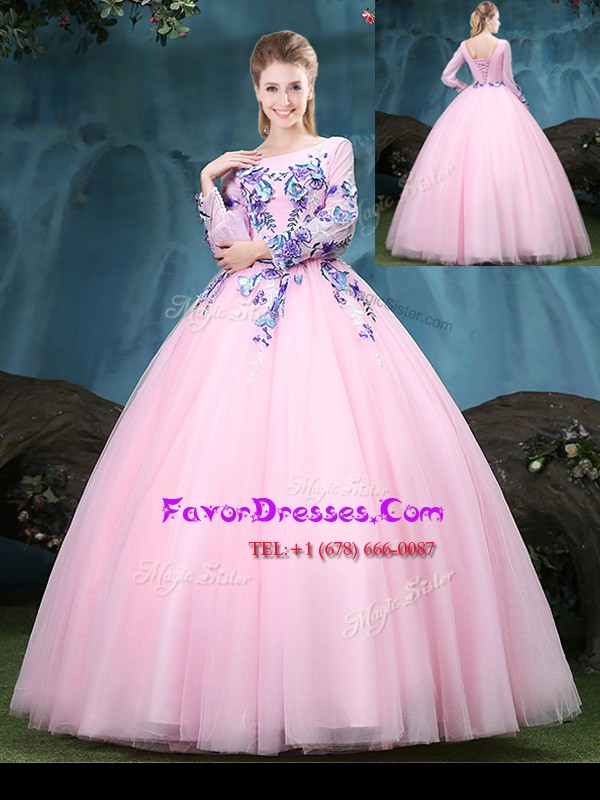 Hot Selling Baby Pink Ball Gowns Scoop Long Sleeves Tulle Floor Length Lace Up Appliques Sweet 16 Quinceanera Dress