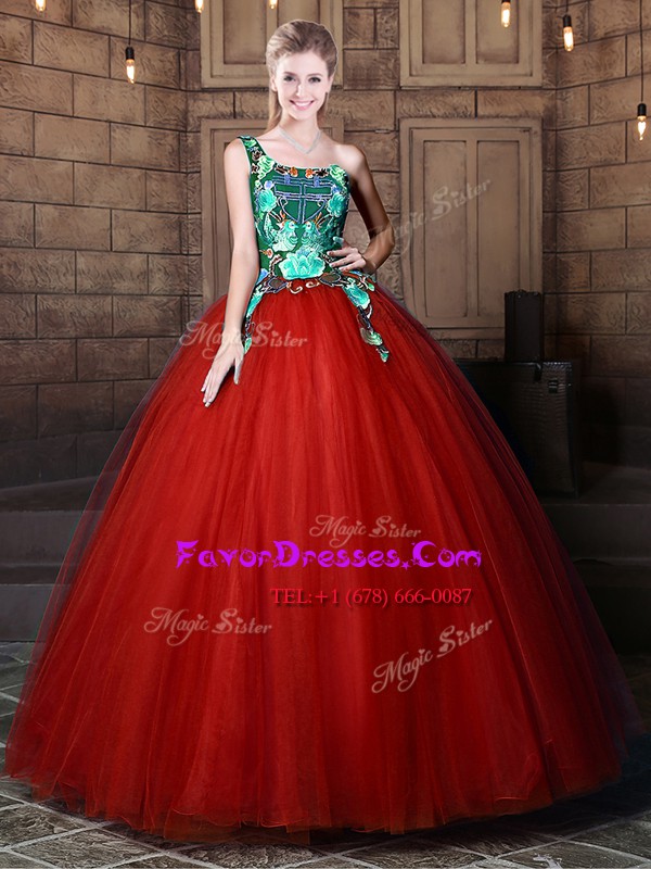  One Shoulder Pattern Quinceanera Dress Rust Red Lace Up Sleeveless Floor Length