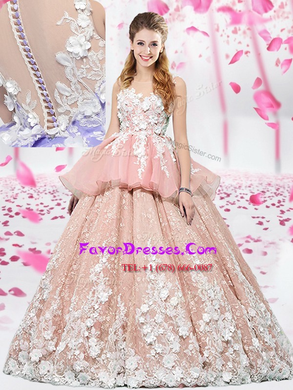 Nice Scoop Floor Length Ball Gowns Sleeveless Pink 15th Birthday Dress Lace Up