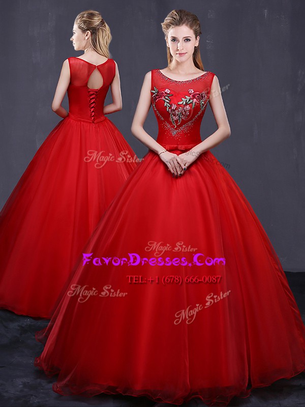 Latest Red Ball Gowns Scoop Sleeveless Tulle Floor Length Lace Up Beading and Embroidery Sweet 16 Dress
