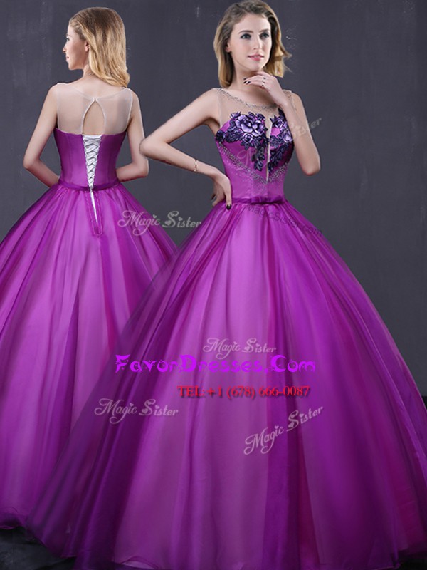 High Quality Purple Scoop Lace Up Beading and Appliques 15 Quinceanera Dress Sleeveless