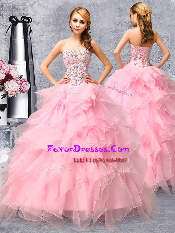 Latest Sleeveless Floor Length Beading and Ruffles Lace Up Quinceanera Dress with Rose Pink