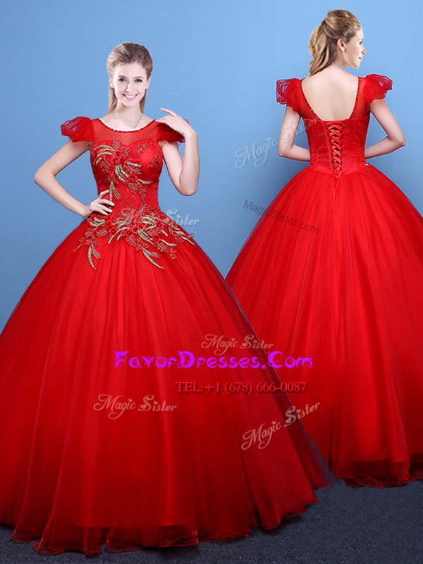Hot Sale Scoop Short Sleeves Floor Length Appliques Lace Up Vestidos de Quinceanera with Red