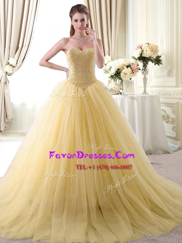 Latest Floor Length Ball Gowns Sleeveless Gold 15th Birthday Dress Lace Up