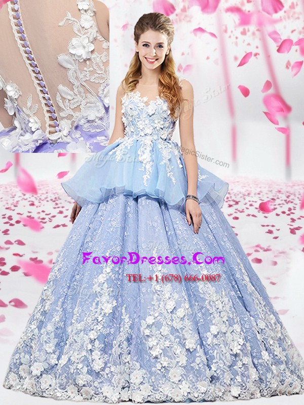 Eye-catching Scoop Sleeveless Quinceanera Gowns Floor Length Lace and Appliques Lavender Organza and Tulle